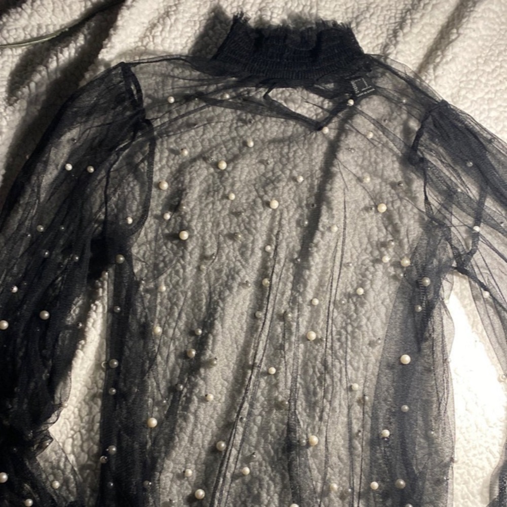 Super Cute Sheer Black Top with pearl detailing perfect for a rave or concert
